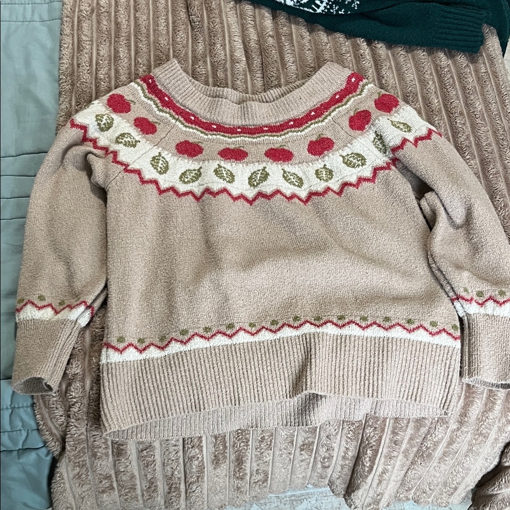 Maurices Tan Sweater with Red and Green Patterns